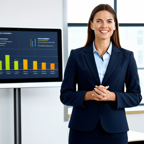 Home 14 **
A professional female environmental consultant, fully clothed in appropriate business attire, giving a presentation on sustainable business practices in a modern office setting. Focus on data visualization and a positive, hopeful expression. "Safe for work", "professional", "appropriate content", perfect anatomy, well-formed hands, natural proportions, high resolution.
**