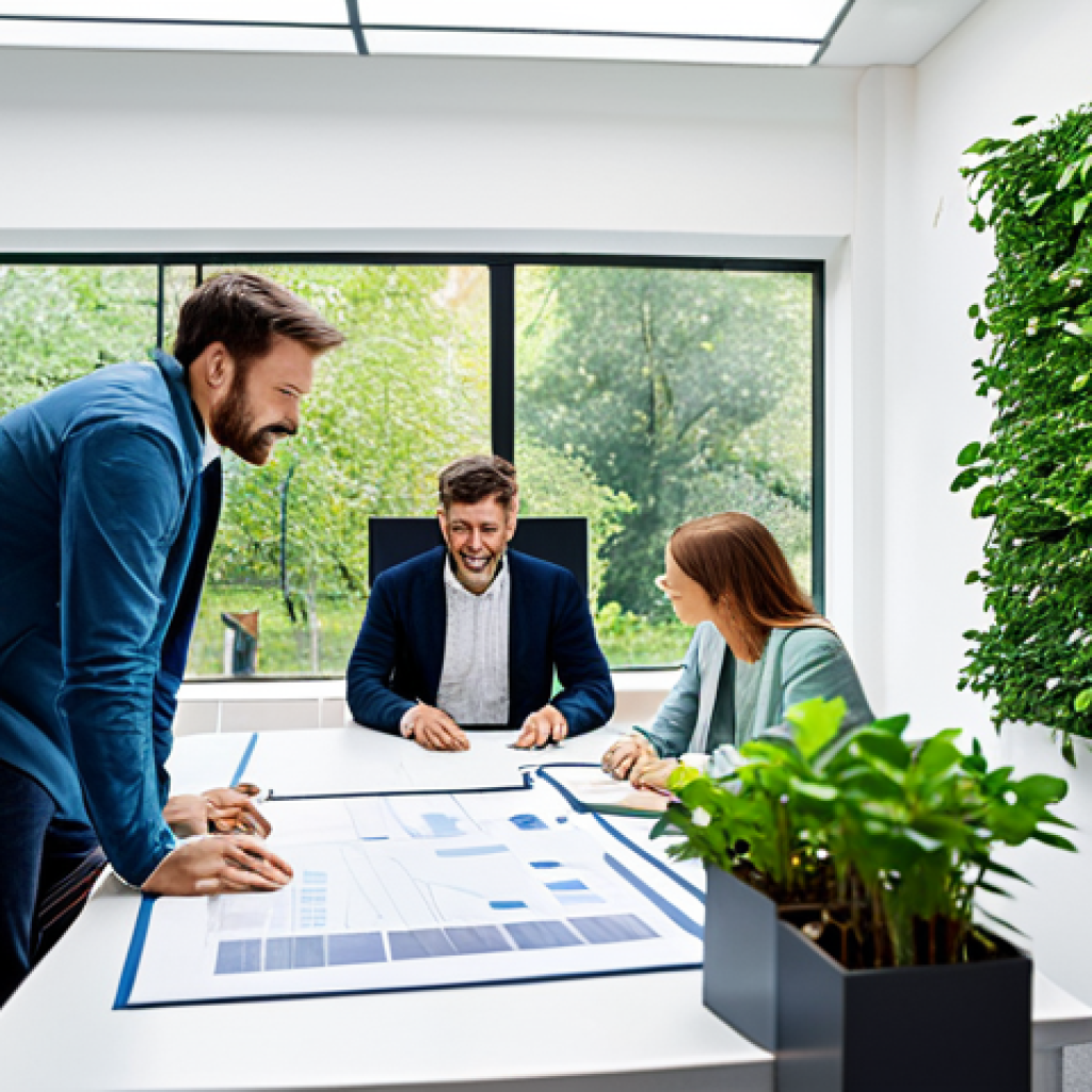 Sustainable Business Practices**

"A bright and modern office space filled with lush green plants, reflecting natural light. A diverse group of fully clothed professionals are collaborating around a table, reviewing charts displaying energy consumption reduction and waste recycling rates. Focus on the positive atmosphere and eco-friendly design elements. Safe for work, appropriate content, fully clothed, professional, family-friendly, perfect anatomy, correct proportions, natural pose, professional photography, high quality. Showcase renewable energy initiatives using solar panels (clean energy) on the roof of the building."

**