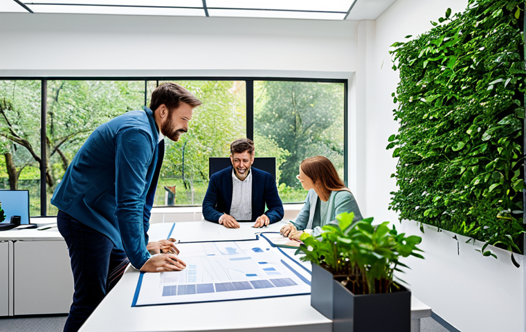 Sustainable Business Practices**
"A bright and modern office space filled with lush green plants, reflecting natural light. A diverse group of fully clothed professionals are collaborating around a table, reviewing charts displaying energy consumption reduction and waste recycling rates. Focus on the positive atmosphere and eco-friendly design elements. Safe for work, appropriate content, fully clothed, professional, family-friendly, perfect anatomy, correct proportions, natural pose, professional photography, high quality. Showcase renewable energy initiatives using solar panels (clean energy) on the roof of the building."
**