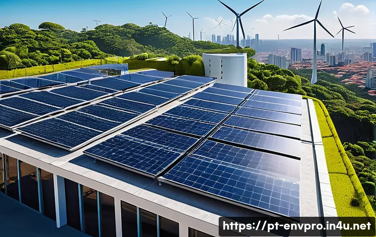 환경보호 기술 관련 특허 동향 - A modern Brazilian urban rooftop featuring flexible thin-film perovskite solar panels integrated wit...
