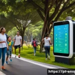 Home 22 환경보호 기술과 데이터 기반 의사결정 - A vibrant urban park scene in São Paulo featuring smart IoT environmental sensors discreetly install...