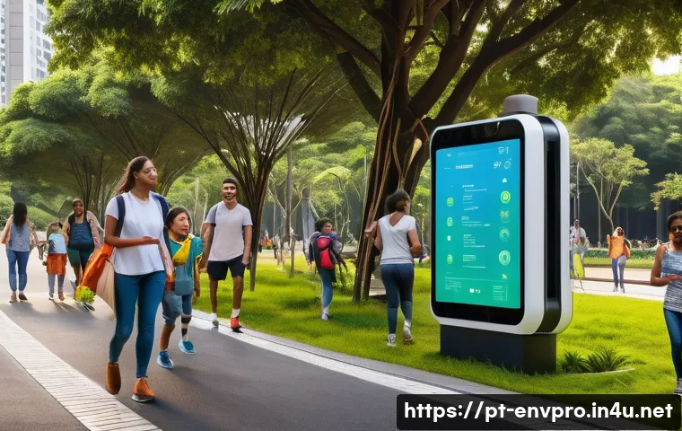 환경보호 기술과 데이터 기반 의사결정 - A vibrant urban park scene in São Paulo featuring smart IoT environmental sensors discreetly install...