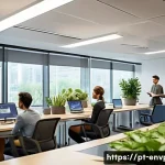 Home 21 환경보호 실무 자문 사례 - A modern corporate office environment with diverse employees engaged in an interactive sustainabilit...