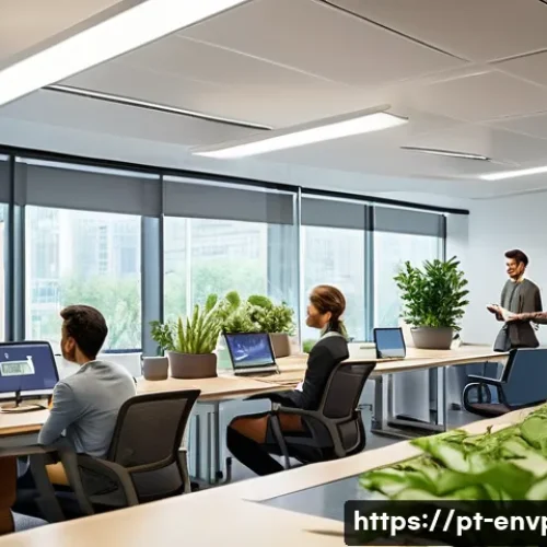 Home 33 환경보호 실무 자문 사례 - A modern corporate office environment with diverse employees engaged in an interactive sustainabilit...