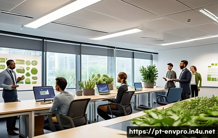 환경보호 실무 자문 사례 - A modern corporate office environment with diverse employees engaged in an interactive sustainabilit...