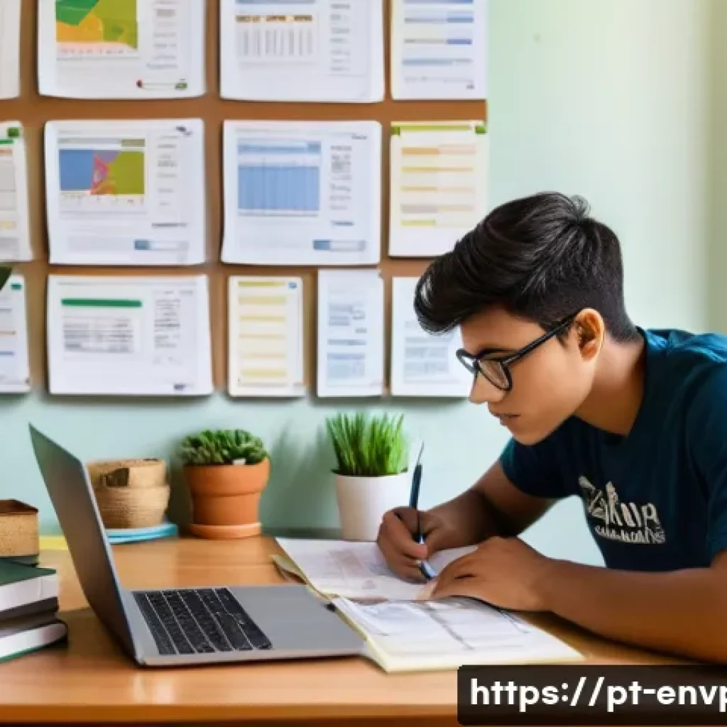 환경보호 관련 자격시험 준비 스케줄 - A focused young adult studying at a neatly organized desk in a quiet, well-lit room typical of a Bra...