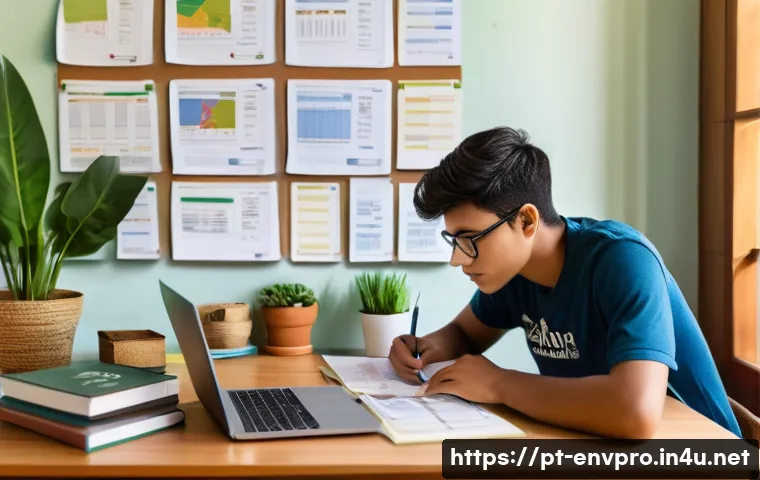 환경보호 관련 자격시험 준비 스케줄 - A focused young adult studying at a neatly organized desk in a quiet, well-lit room typical of a Bra...