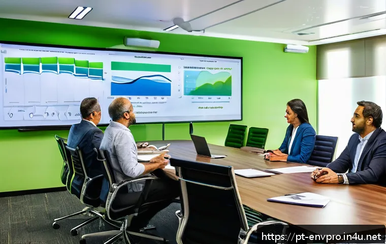환경보호 전문가의 회의록 작성 팁 - A modern corporate meeting room with diverse Brazilian environmental professionals actively discussi...