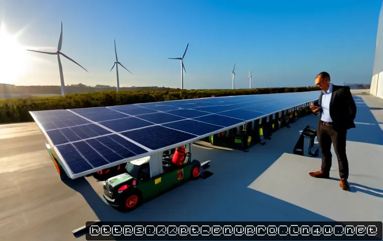 환경보호 기술의 경제적 영향 - Photorealistic wide-angle scene of a modern Portuguese renewable energy business park near Lisbon, s...